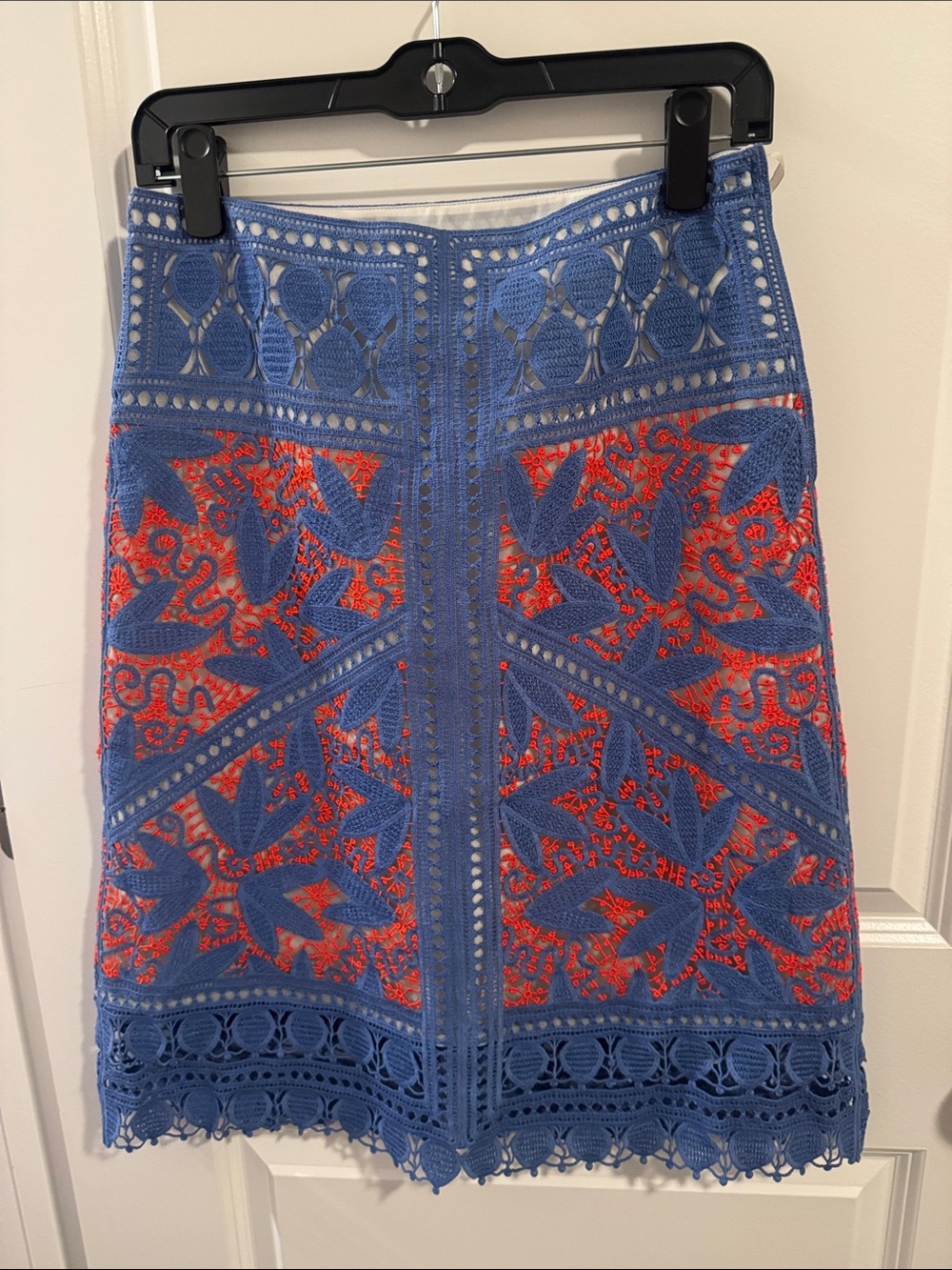 Tory Burch Whitney Blue Crochet Pencil Skirt with Poppy Red Underlay